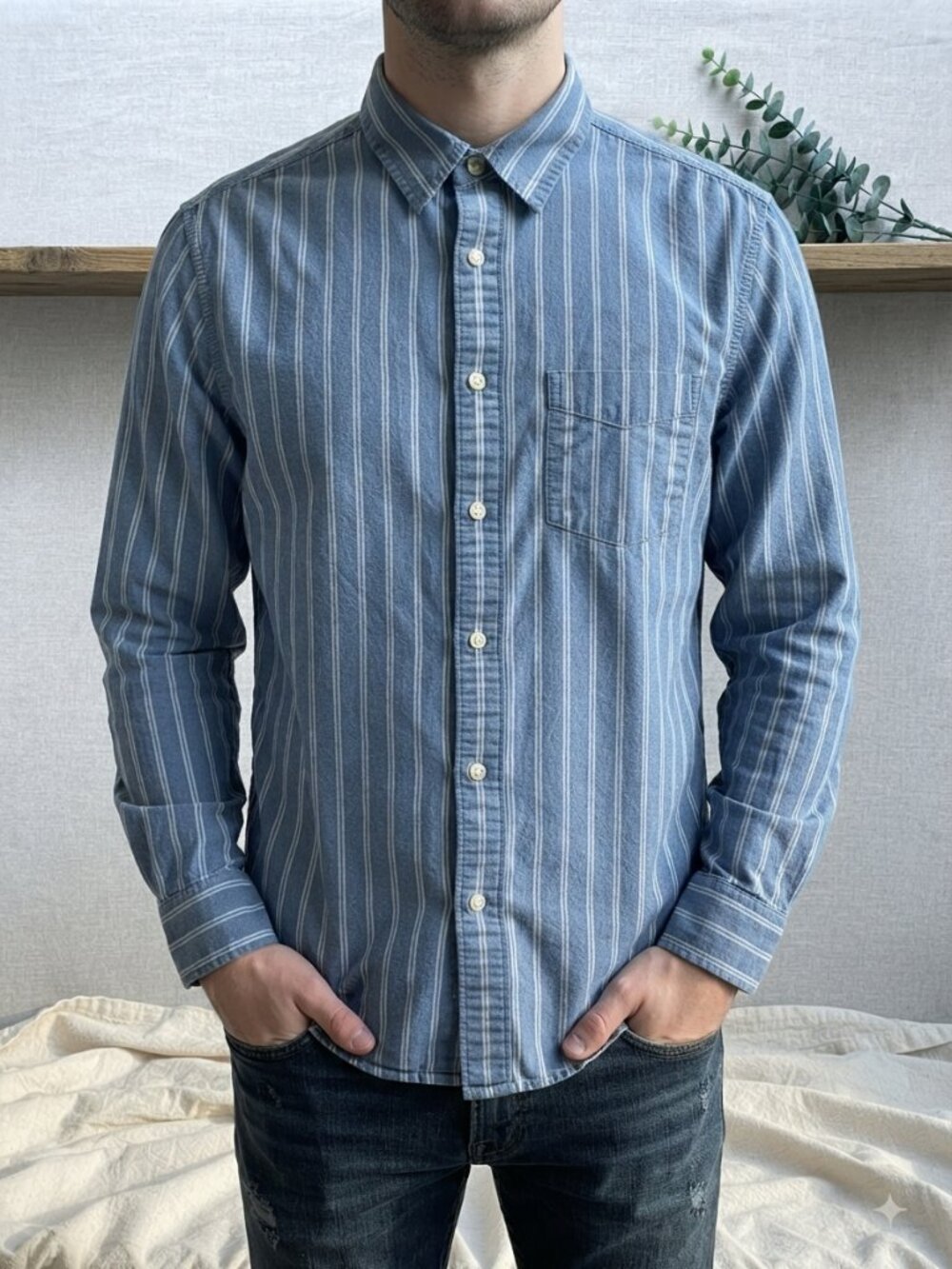 Sonoma Life + Style Blue & White Striped Long Sleeve Button-Down Shirt Size L